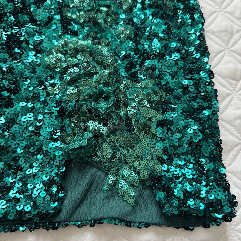 STACEES Dark Green Floral Sheer Corset Sequin Mini Spaghetti Strap Dress Sz 2 - Picture 9 of 16